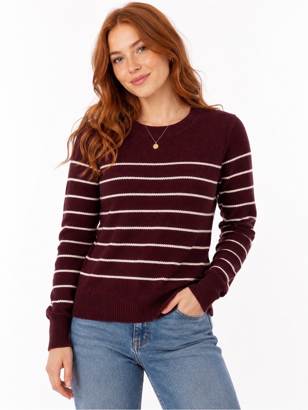 GAP Burgundy Striped Sweater Size XS Lightweight Knit Crewneck